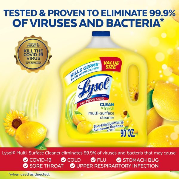 Lysol Multi-Surface Cleaner, Sanitizing and Disinfecting Pour, to Clean and Deodorize, Sparkling Lemon and Sunflower Essence, 90 Fl Oz. - Image 3